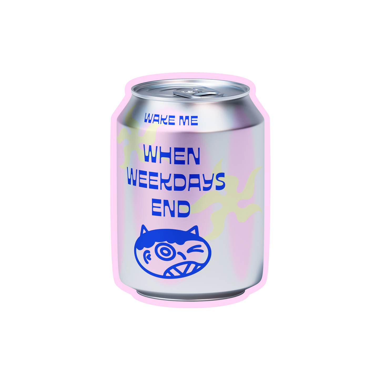graphic of the pink & gray soda-shaped phone grip with written text "wake me when weekdays end" on it